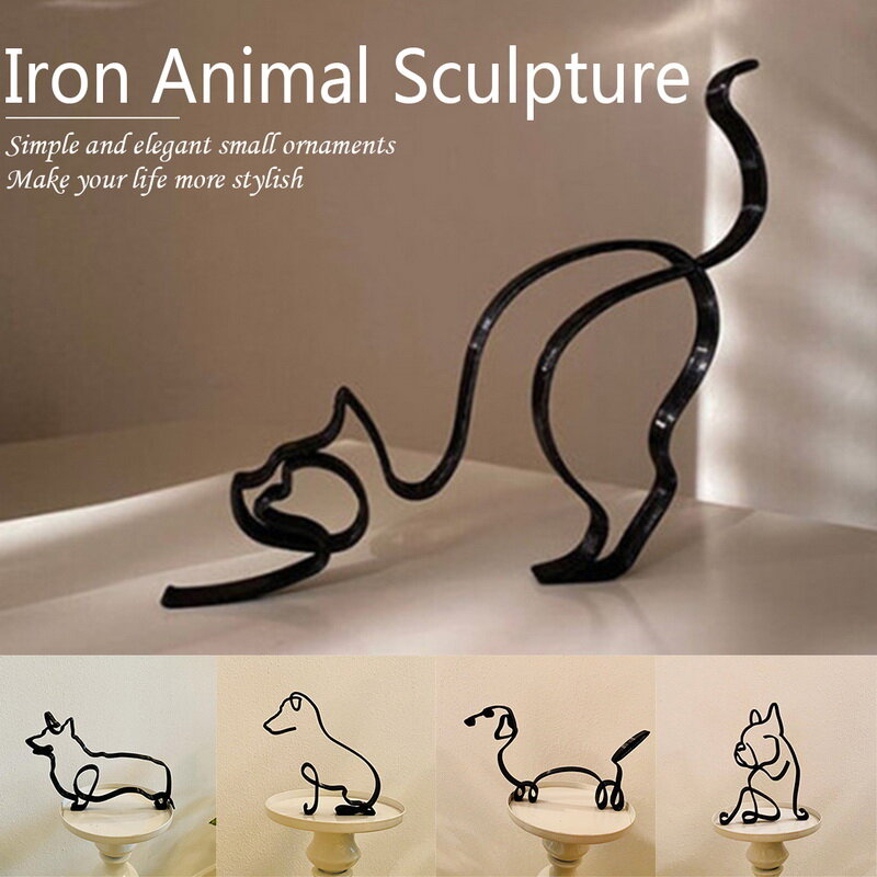 Escultura de hierro de arte minimalista de animales, figuritas hechas a mano de líneas negras de Metal Retro, adornos de perro abstracto, decoraciones artísticas de escritorio
