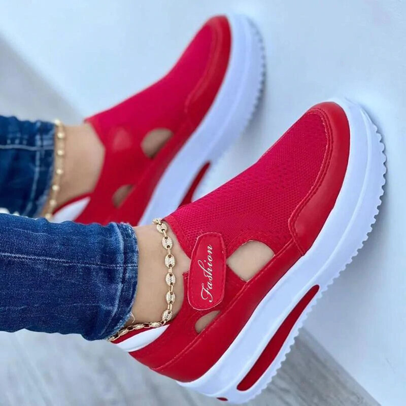 Tênis vermelho sapatos femininos plataforma sneaker oco para fora mulher tênis de lona sapato feminino sapatos casuais senhoras