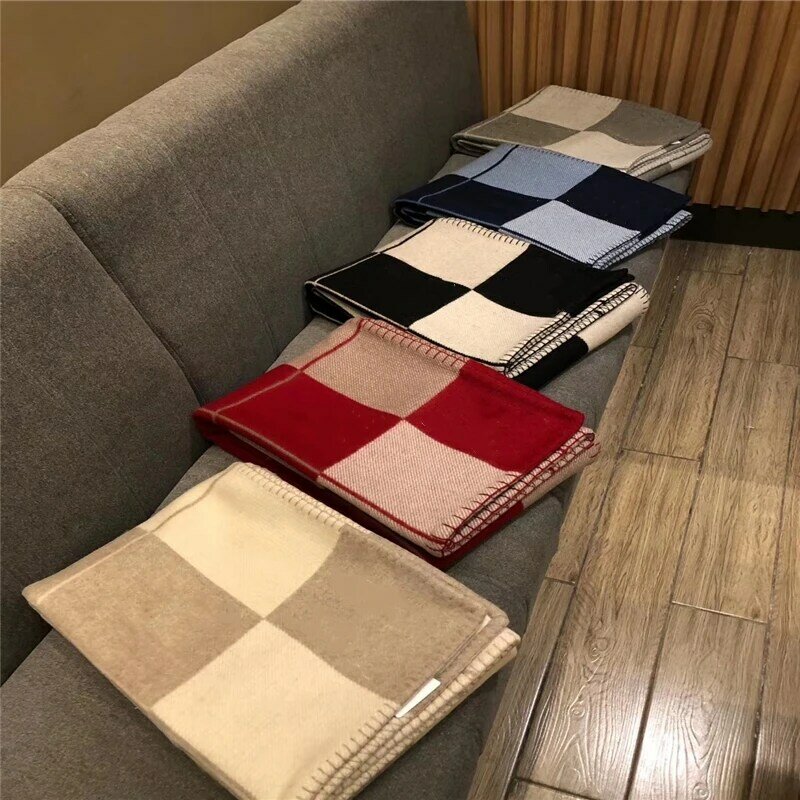 Manta de Cachemira a cuadros para el hogar y la Oficina, manta de lana tejida para sofá y cama, bufanda portátil de diseño de marca