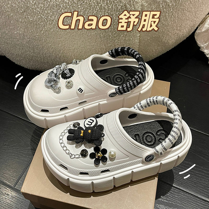 Chain Bear Hole Shoes Women's Summer Outwear Thick Sole Anti slip 2022 New High Half Slippers Cartoon Two Wear Sandals Tide