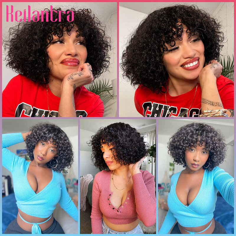 Glueless Short Brazilian Human Hair Wigs For Black Women Rose Kinky Curly Human Hair Wigs With Bangs Full Machine Made Wigs Remy