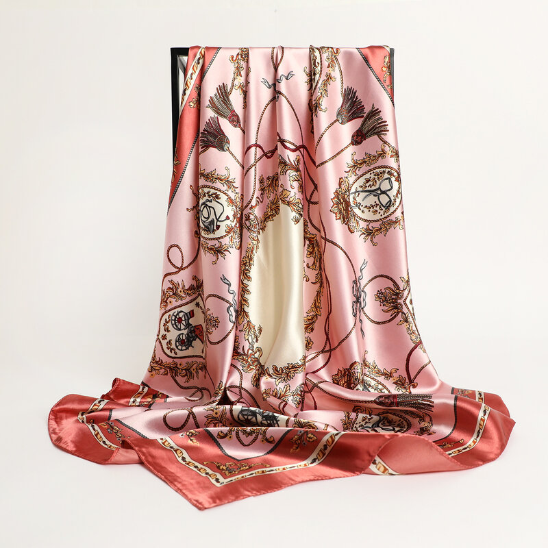 Pañuelo cuadrado de seda satinada para mujer, Hijab musulmán, pañuelo Floral, turbante