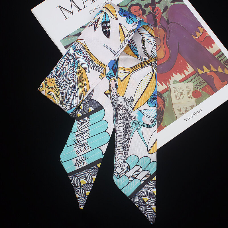 Bufanda de seda con estampado de aves para mujer, pañuelo largo de 95cm x 5cm con hojas, cinta de accesorios para ropa