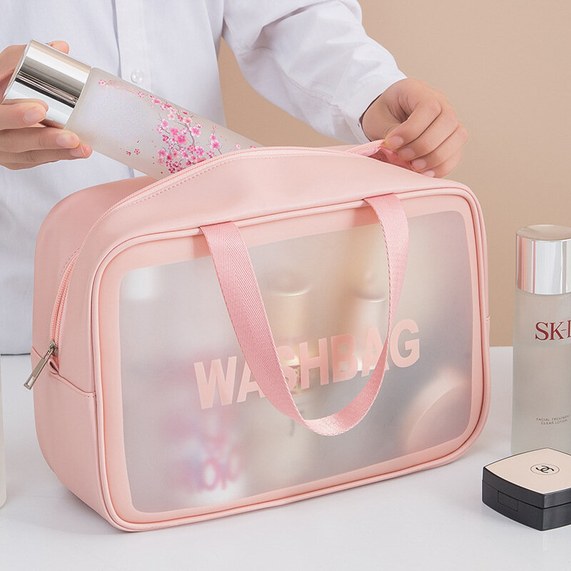 Bolsas de maquillaje de Pvc Pu transparente, organizador de viaje, bolsas de cosméticos y estuches a granel, rosa y blanco, venta al por mayor