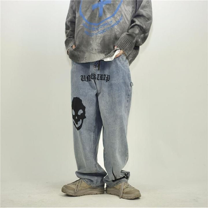 Skull Jeans da uomo High Street Hip Hop Print Jeans larghi Oversize a gamba larga Unisex giapponese Grafitti Casual lettera dritta