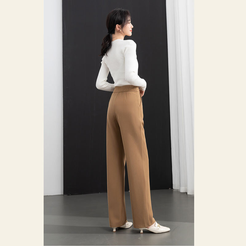 Celana Setelan Musim Semi Celana Panjang Wanita Disesuaikan Celana Kaki Lebar Kaki Lurus Panjang Lantai Kasual Pinggang Tinggi Ramping Bawahan Penuh Elastis