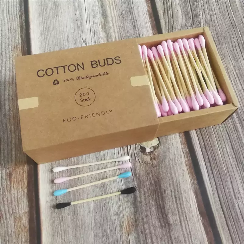 200Pcs Eco Friendly Color Mix Double Head Bamboo Cotton Buds Adults Makeup Cotton Swab Wood Sticks Nose Ears Cleaning Tool