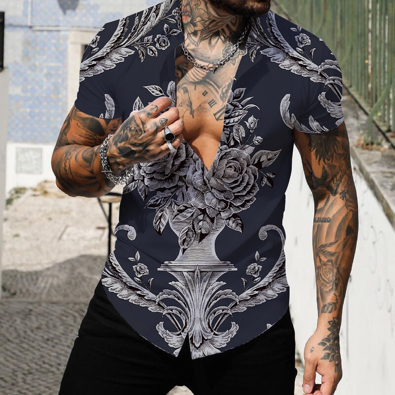 Men Shirts Luxury Lapel Collar Short Shirts Prom Tops High Quality Male Clothing Baroque Print T-shirt Slim Fit Slim Fit T-shirt