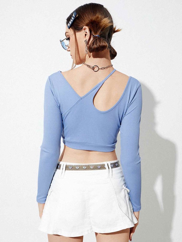 RINSTA 2022 Autumn Summer Tops Women Fashion Blouses Solid Asymmetrical Neck Crop Top Long Sleeve Tunic Sexy Party Club Blouse