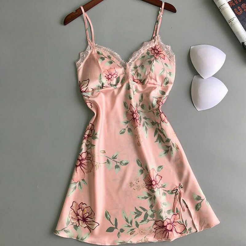 Women\u2019s Summer Pajama Dress Floral Sling Padded Lace Sleepwear Sexy Chemise Nightgown Backless Loose Smooth Lingerie
