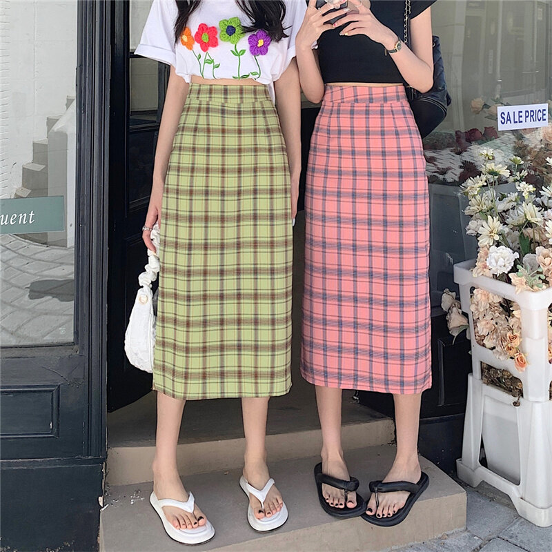 New High-waisted Plaid Skirt Women's Summer Over-the-knee Mid-length Skirt Temperament Is Thin and Split One-step Skirt Plaid