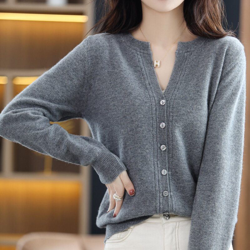 100% 호주 양모 카디건 여성용 봄/가을 신 캐시미어 스웨터 루스 코트 패션 톱 니트 자켓 트렌드 XL