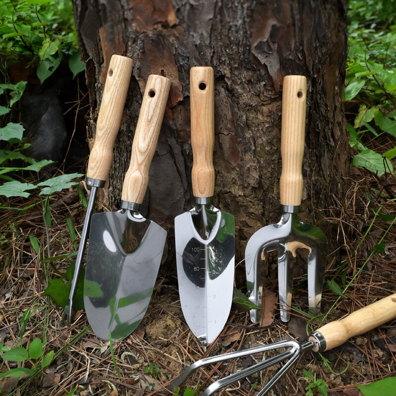 Manche en bois, ensemble d'outils de jardin en acier inoxydable, pelles, outil à griffes, bonsaï pour la plantation de fleurs en pot, outil de jardinage 5 pièces