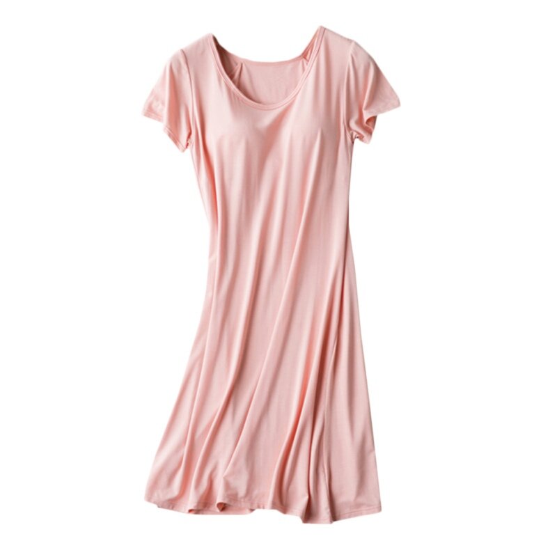 Short Sleeve Nightdress For Women Nightgowns  With Chest Pad Without Rims Vest Comfort Mid-long Pajamas  Modal