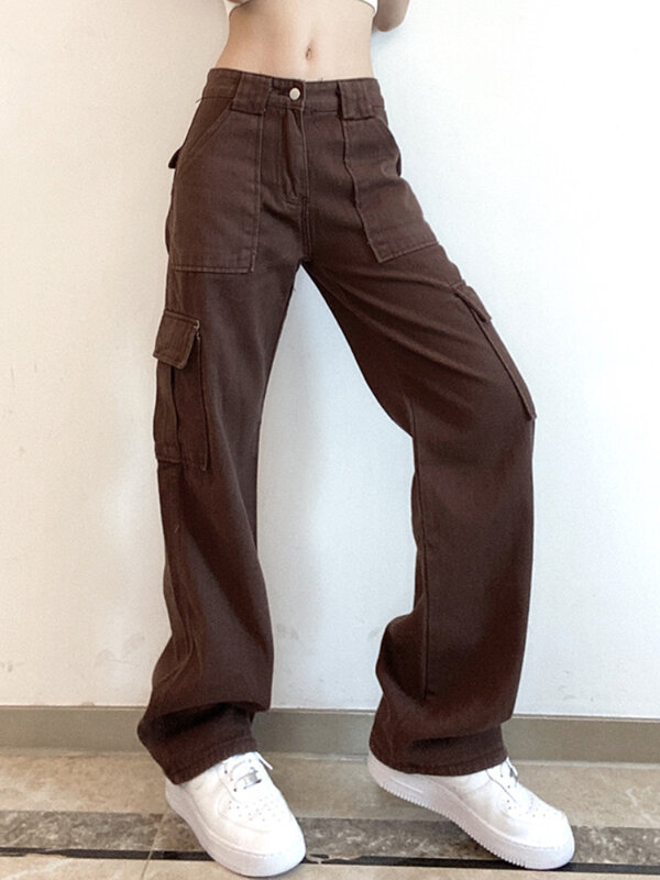 Spadek nowe spodnie damskie kieszenie panele casualowe w stylu Streetwear dżinsy damskie workowate dżinsy damskie spodnie Cargo odzież damska