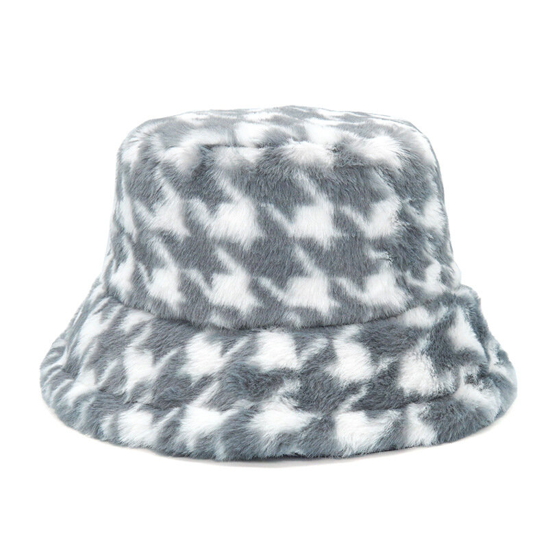 Luxury Winter Outdoor Vacation Fisherman Hat Women Houndstooth PanamaThickened Soft Warm Fishing Cap Faux Fur Rabbit Bucket Hat
