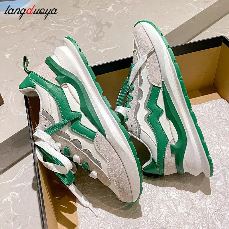 Mulheres chunk tênis apartamentos sapatos de plataforma primavera verão moda conforto fundo grosso sapatos casuais senhoras tênis verde
