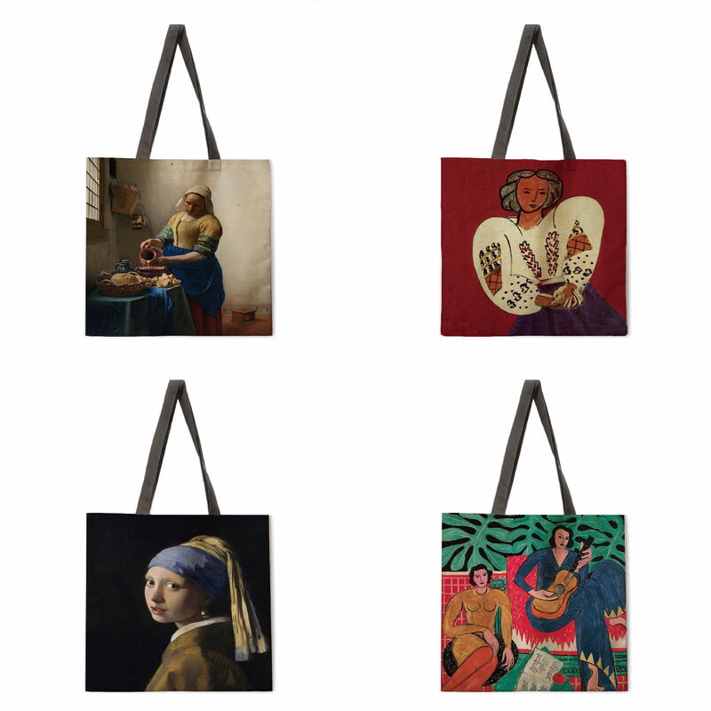 الكلاسيكية النفط اللوحة السيدات حقيبة شاطئية قابلة للطي حقيبة كتف حقيبة تسوق مطبوعة حقيبة الكتان عادية حمل قابلة لإعادة الاستخدام