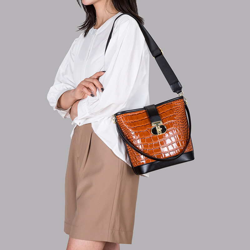 YILIAN-Bolsa tiracolo feminina simples, padrão crocodilo, bolsa de balde de um ombro, bolsa feminina premium, nova moda, 2023