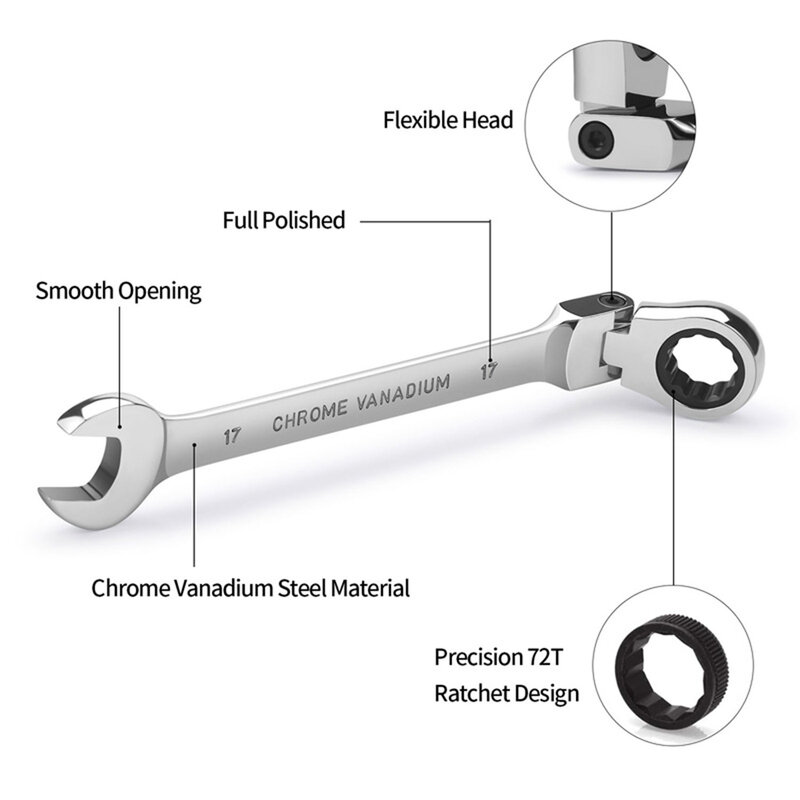 Set Kunci Roda Gigi dengan-Kunci Pas Universal Metrik Kepala Fleksibel Alat Tangan untuk Bengkel Mekanik Kombinasi Mobil