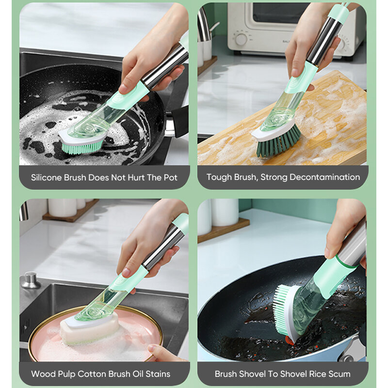 Cepillo de limpieza de mango largo 3 en 1 con cabezal de cepillo extraíble, dispensador de jabón y esponja, Juego de cepillos para lavar platos, herramientas de cocina