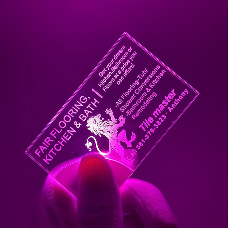 Design personalizzato nuovo design personalizzato olografico incandescente carta stampa biglietto da visita acrilico led di lusso con led