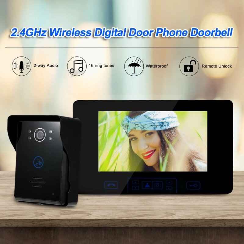 Home Wireless Touch Key Screen Video Door Phone, Sistema de Controle de Acesso Intercom, Campainha, Bateria Embutida, Visão Noturna, 2,4 GHz, 7"