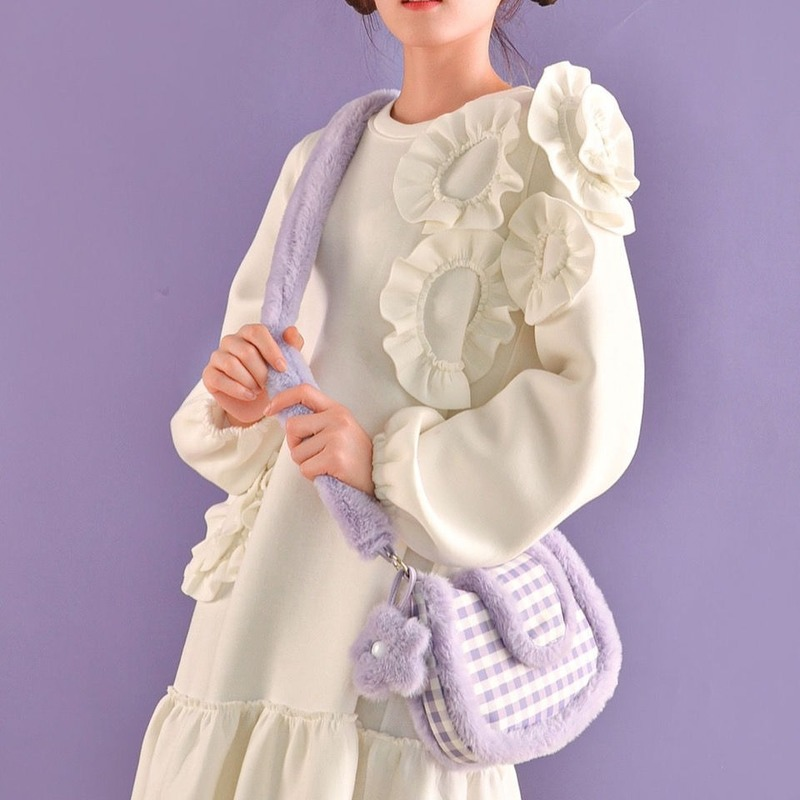Moda feminina japonês kawaii lolita bolsa de ombro harajuku bonito roxo xadrez pele mensageiro saco de pelúcia bolsas femininas satchel