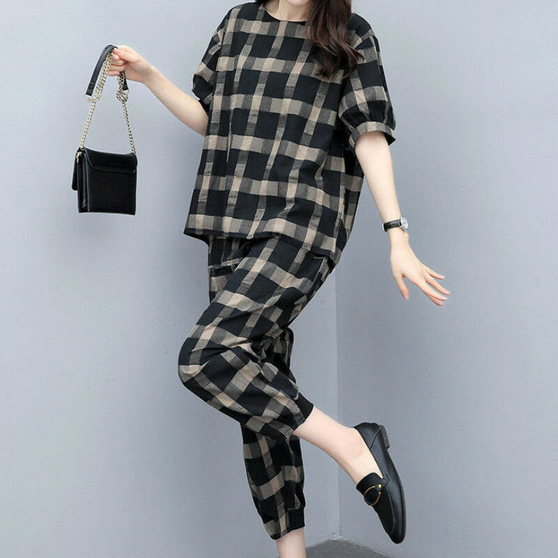 Брючный Комплект женский клетчатый с коротким рукавом, повседневный Свободный Топ до щиколотки, дышащая винтажная одежда для отдыха в Коре...