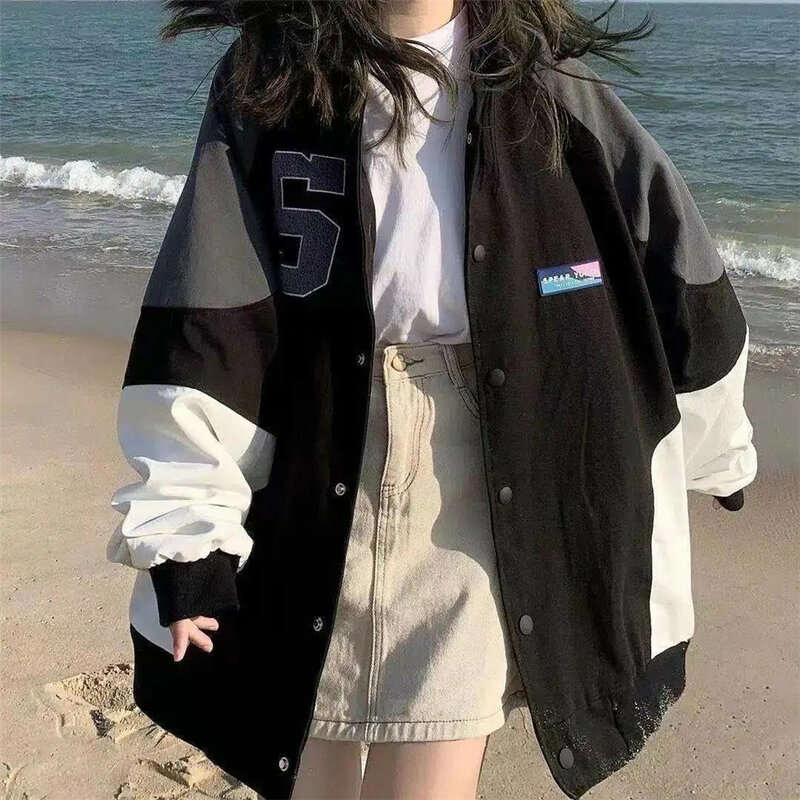 Felpa con cappuccio a contrasto di colore moda coreana giacca bomber Harajuku da donna felpa con cappuccio con cerniera divertente giacca Pullover giovanile da donna autunnale