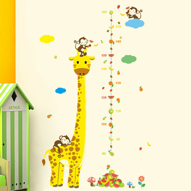 Kostenloser versand Cartoon Messen Wand Aufkleber Für Kinder Zimmer Giraffe Affe Messlatte Lineal Aufkleber Kindergarten Wohnkultur