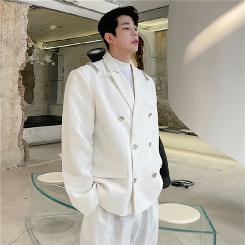 Chaqueta de traje Vintage para hombre, abrigo Original con cadena decorada, Blazer informal de doble botonadura, ropa de calle coreana para jóvenes