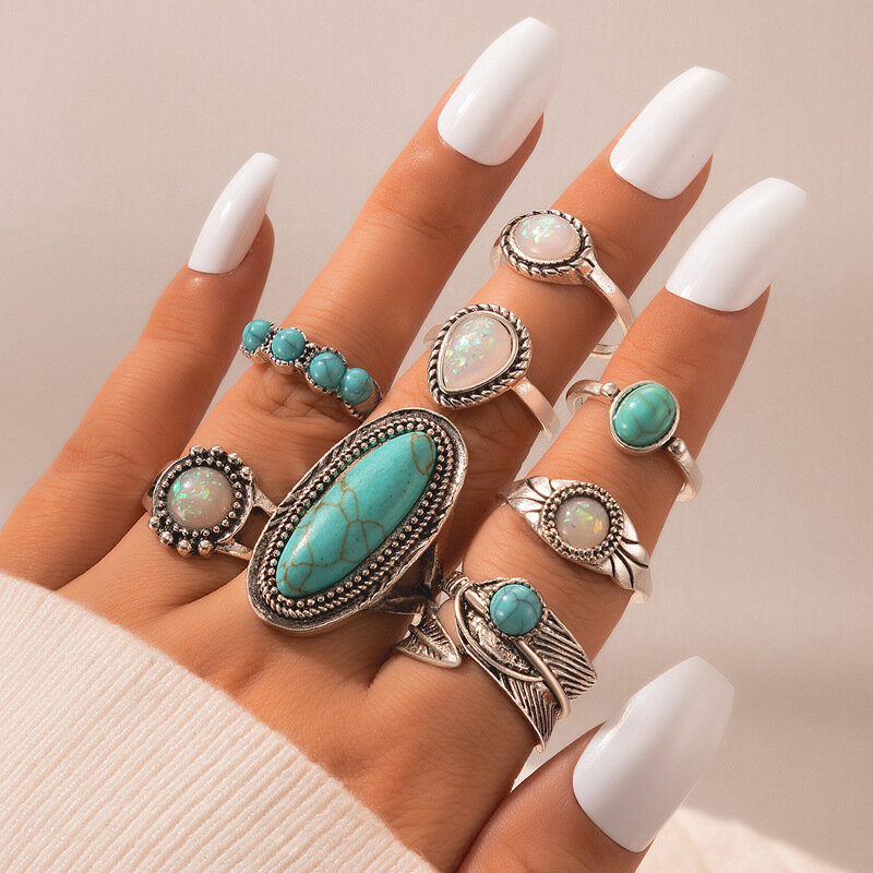 Vintage Boho Blue Stone Turquoise Ringen Voor Vrouwen Groothandel Mix Stijlen Etnische Vinger Ring Set Sieraden Party Geschenken