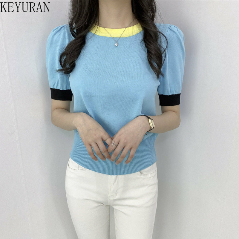 Mùa Hè Đánh Màu Phồng Nữ Tay Ngắn Áo Len Nữ 2022 Mới Hàn Quốc Sang Trọng Cổ Tròn Ôm Áo Mỏng Áo Thun Dệt Kim đầu Kéo Femme