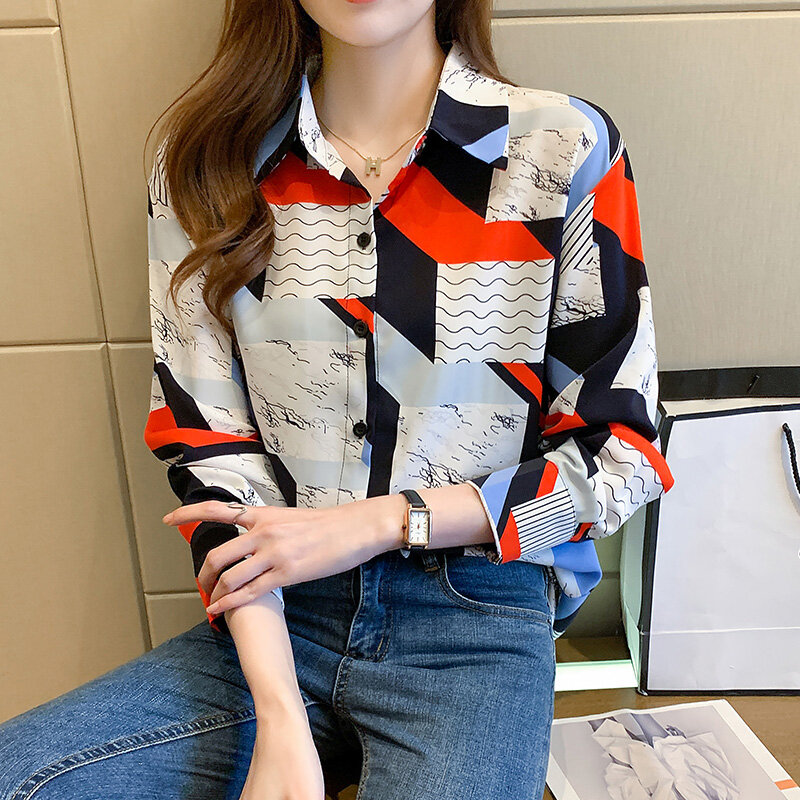 Camicia a quadri geometrici retrò in stile Hong Kong donna 2022 primavera estate sciolto camicia a quadri a maniche lunghe Camisas De Mujer donna