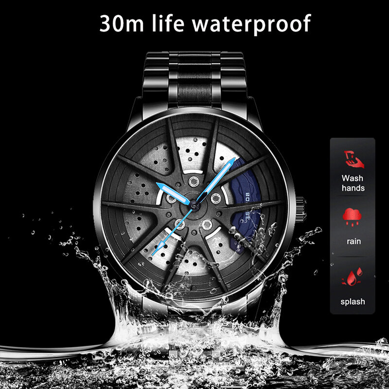 2022 Fashion Mens Car Wheel Watches Luxury Stainless Steel Waterproof Watch for Men Sports Casual Quartz Wristwatch reloj hombre