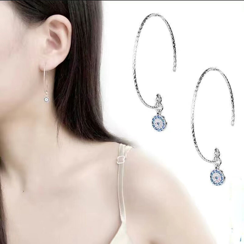 Retro Turkish Devil's Evil Eye Earring Blue Eye Clear CZ Crystal Ear Stud For Women Temperament Ear Line Tassel  Earring Jewelry
