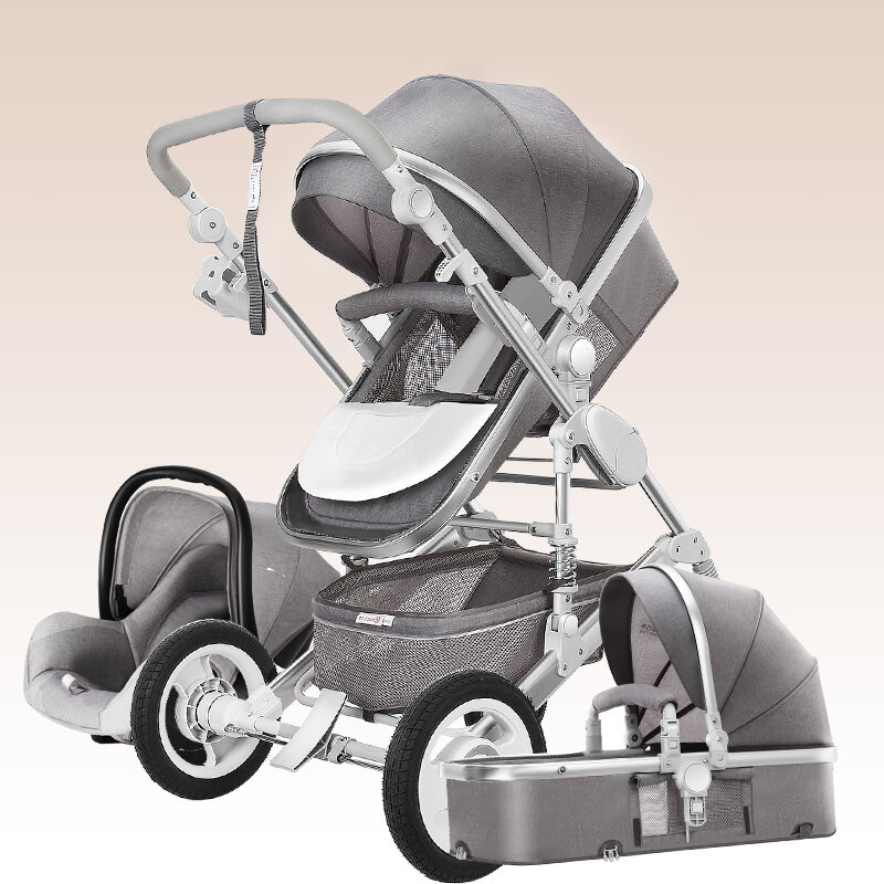 รถเข็นเด็กแนวนอนสูง3ใน1ที่นั่งรถสุดหรู Travel Pram ทารกที่นั่งรถและรถเข็นเด็กทารกแรกเกิดรถเข็น