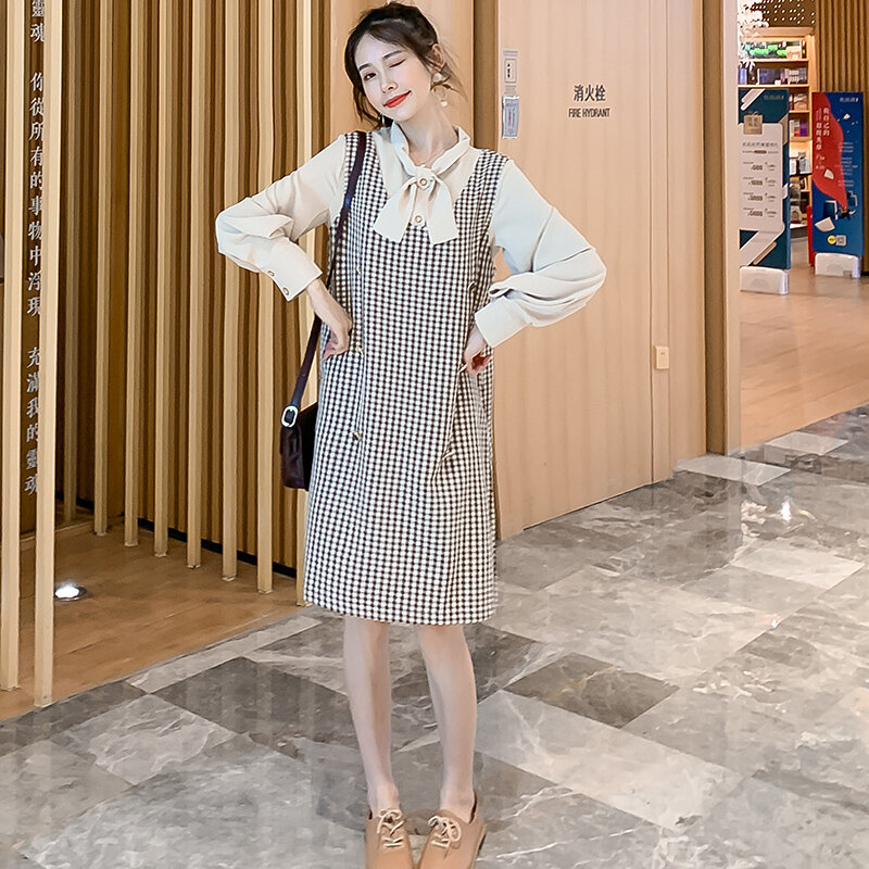 8108 #2020 Herfst Koreaanse Mode Moederschap Jurk Elegante Zoete Plaid Vest + Blouses Sets Kleding Voor Zwangere Vrouwen Zwangerschap