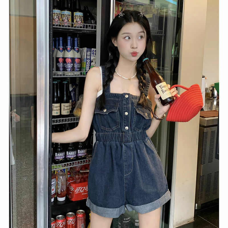 Combinaison en jean taille haute pour femme, short en jean vintage, mode coréenne, été 2023