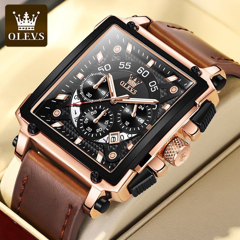 OLEVS duży Dial luksusowe mężczyźni zegarek kwarcowy wodoodporny pasek Corium zegarki sportowe dla mężczyzn chronograf świecący kalendarz