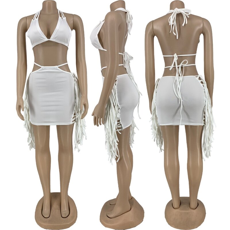 Co Ords Women Two Pieces Summer Sets Womens Outfits Beach Halter Crop Top and Tassel Skirt Set Club Party Sexy Outfits for Woman