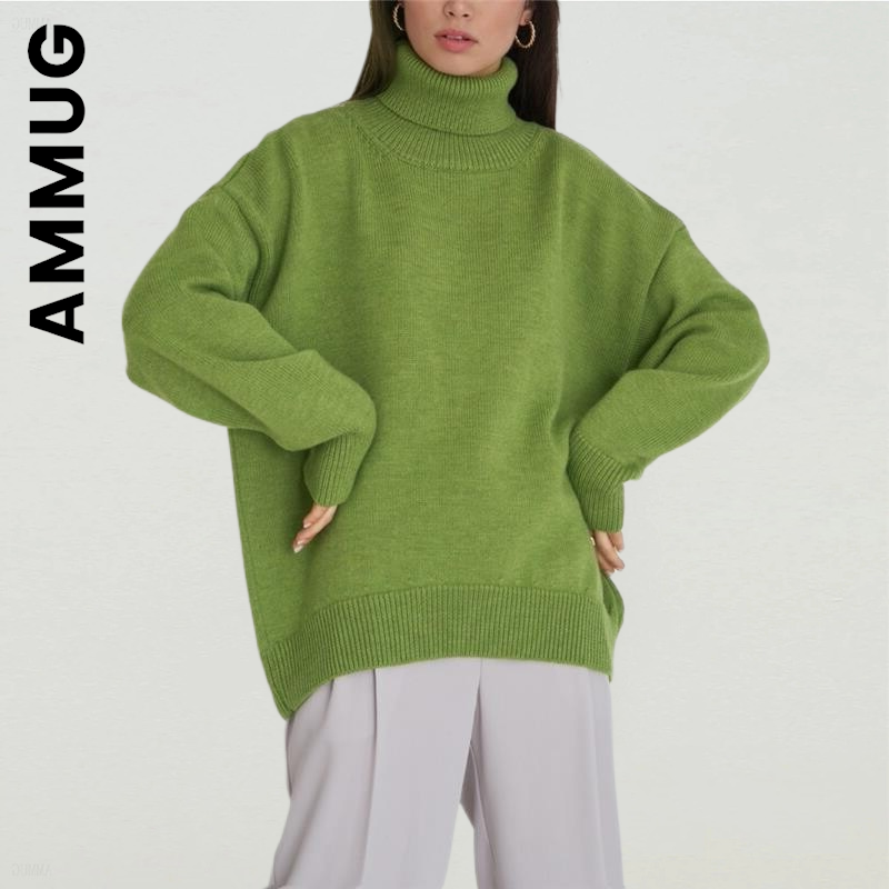 Ammug-suéter de cuello alto para mujer, Jersey de punto ajustado, básico, cálido