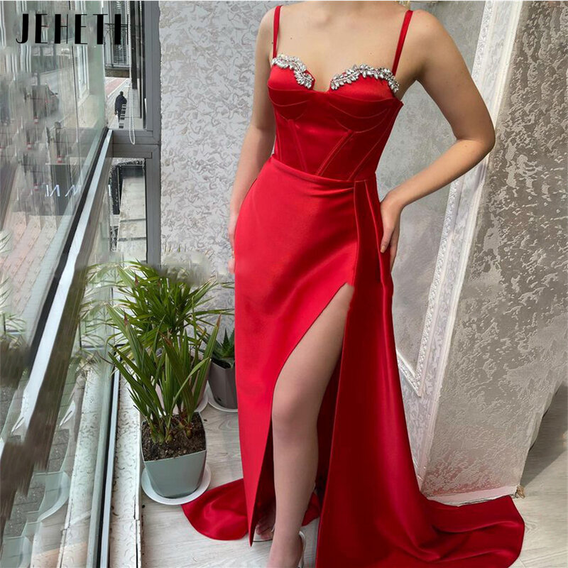 JEHETH Satin Mermaid Solid Evening Dresses Spaghetti Straps Side Slit Crystals Bride Backless Pleats Prom Party Gowns 2023