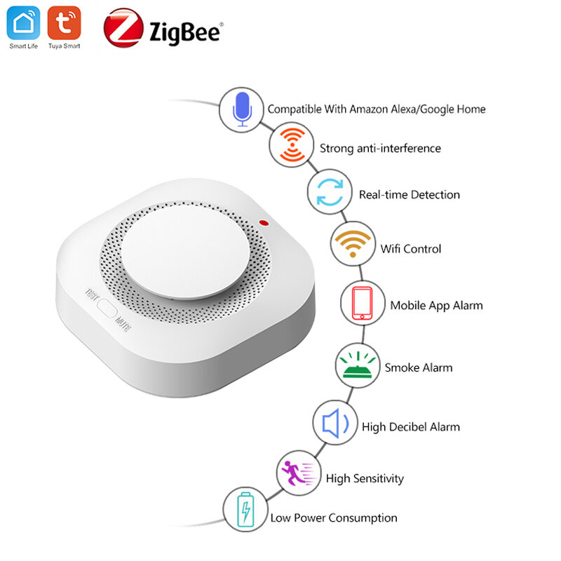 Tuya Zigbee-Detector De Fumaça Inteligente, Sensor De Alarme De Incêndio, Sistema De Segurança Doméstica, Bombeiros Trabalhar Para O Gateway Hub, Smart Life APP