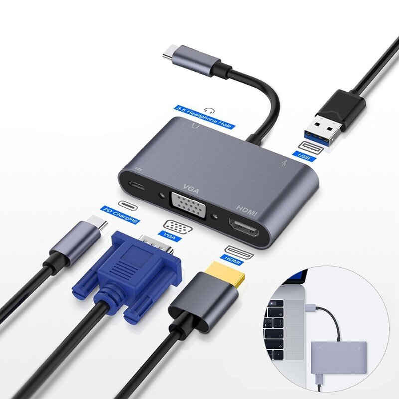 Hub USB 3,0 5 en 1 para ordenador, adaptador VGA para portátil, carga PD, 5 puertos, HDMI, 4K, 3,5mm, Audio, Notebook, tipo-c, Splitter Dock Station
