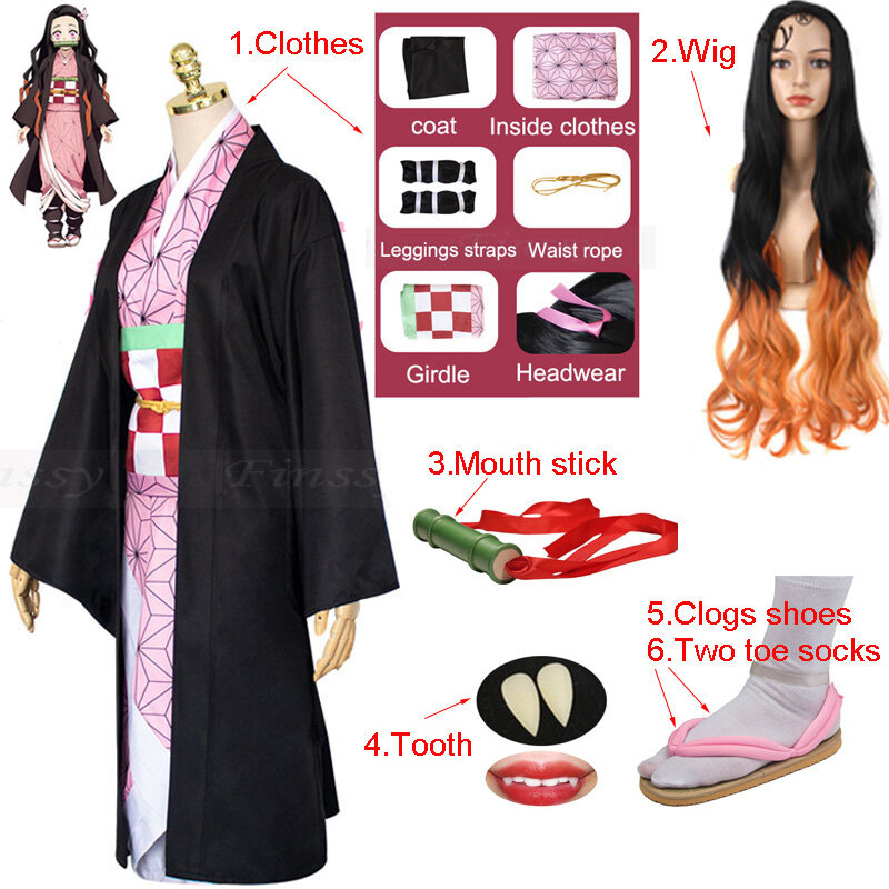 Disfraz de Demon Slayer para mujer y niña, zapatos de Cosplay de Kimetsu no Yaiba, Kamado, Nezuko, peluca, diente, boca, palo, ropa de Halloween
