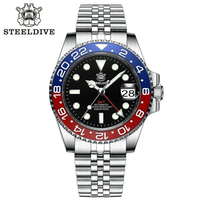 Relógio de mergulho impermeável super luminoso masculino, cerâmica, movimento NH34, novo em 2023, 4 ponteiros, GMT, STEELDIVE, 41mm, SD1993, 300m