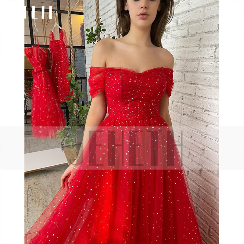 Gaun Prom Panjang Tulle Berbintang Merah JEHETH Bahu Terbuka Gaun Pesta Malam Satu Garis Lipit Jubah Panjang Lantai Formal