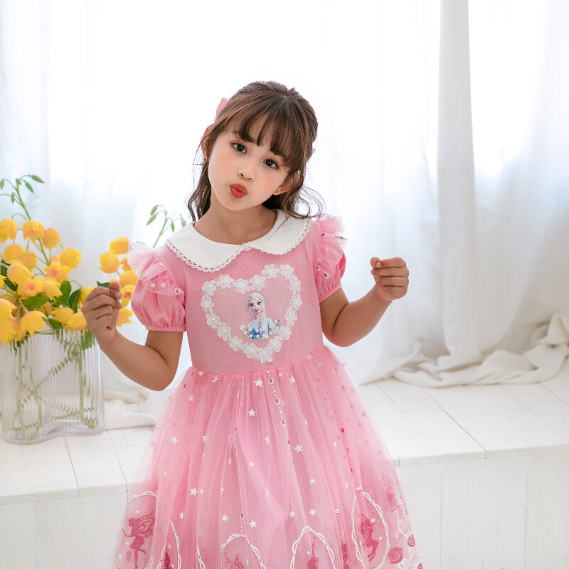 Gaun Pesta Putri Anak Perempuan 2022 Gaun Beku Jaring Bayi Perempuan Kerah Boneka Mode Musim Panas Baju Lengan Pendek Balita Elsa Anak-anak
